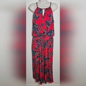 London Times One Piece Capri Jumpsuit Red Floral Tropical‎ Spaghetti Strap 12